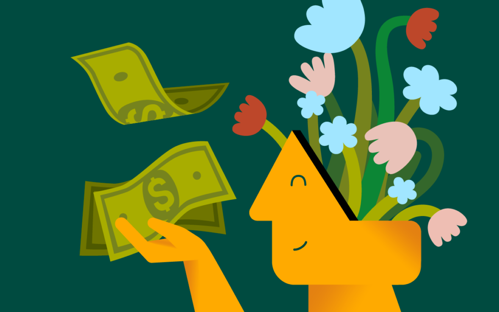 Graphic of yellow head with flowers growing out of it representing emotional wellness. A yellow hand also holds a handful of dollar bills.