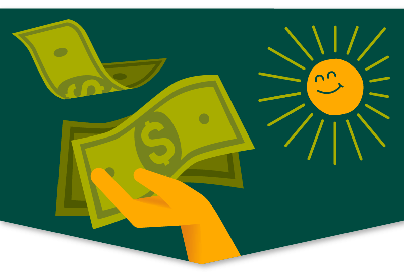 Graphic of a hand holding a stack of dollar bills, one bill blows away in the wind. A smiley sun looks on from the corner.