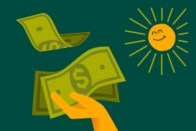 Graphic of a hand holding a stack of dollar bills, one bill blows away in the wind. A smiley sun looks on from the corner.